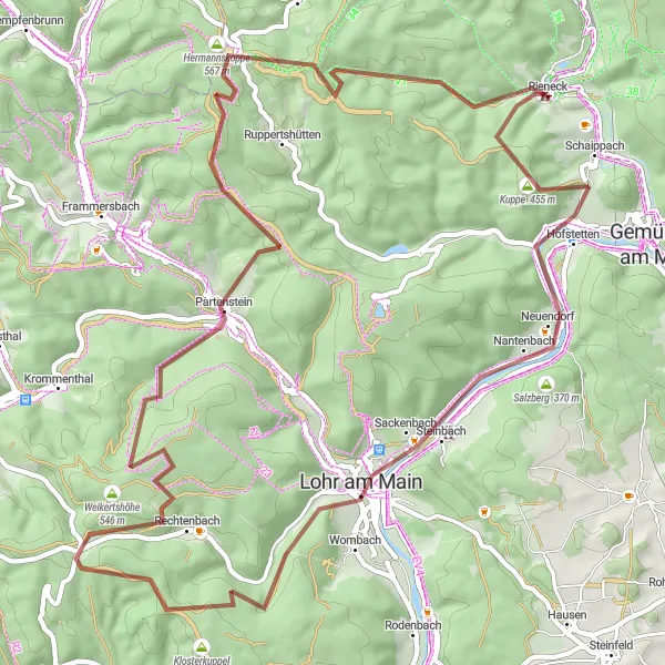 Map miniature of "The Scenic Adventure" cycling inspiration in Unterfranken, Germany. Generated by Tarmacs.app cycling route planner