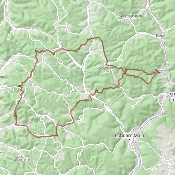 Map miniature of "Rieneck Gravel Adventure" cycling inspiration in Unterfranken, Germany. Generated by Tarmacs.app cycling route planner