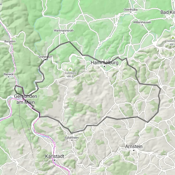 Map miniature of "Scenic Gemünden Loop" cycling inspiration in Unterfranken, Germany. Generated by Tarmacs.app cycling route planner