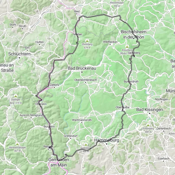 Map miniature of "Rieneck Adventure" cycling inspiration in Unterfranken, Germany. Generated by Tarmacs.app cycling route planner