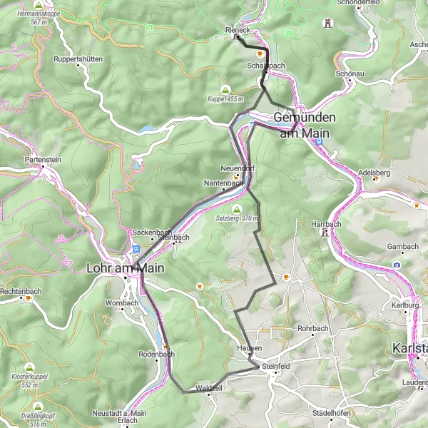 Map miniature of "Einmalberg and Neuberg Loop" cycling inspiration in Unterfranken, Germany. Generated by Tarmacs.app cycling route planner