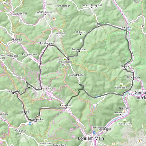 Map miniature of "The Road to Adventure" cycling inspiration in Unterfranken, Germany. Generated by Tarmacs.app cycling route planner