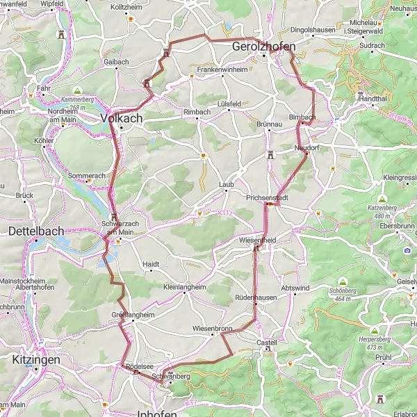 Karten-Miniaturansicht der Radinspiration "Großlangheim nach Rödelsee und zurück" in Unterfranken, Germany. Erstellt vom Tarmacs.app-Routenplaner für Radtouren
