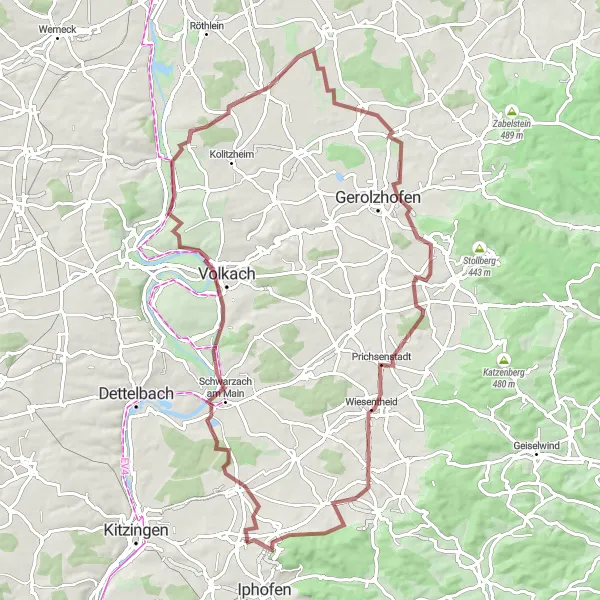 Karten-Miniaturansicht der Radinspiration "Schwarzach am Main nach Rüdenhausen und zurück" in Unterfranken, Germany. Erstellt vom Tarmacs.app-Routenplaner für Radtouren