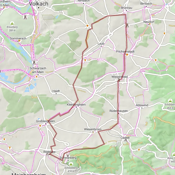 Karten-Miniaturansicht der Radinspiration "Rödelsee - Kreuz Gravelroute" in Unterfranken, Germany. Erstellt vom Tarmacs.app-Routenplaner für Radtouren