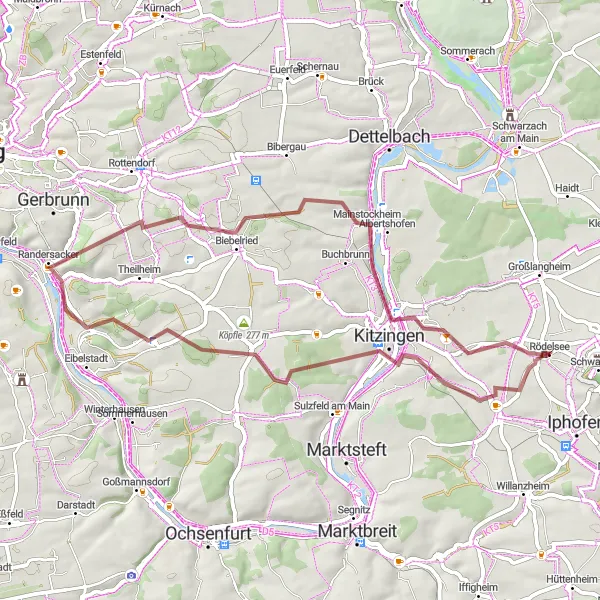 Map miniature of "Vineyards and Valleys Gravel Ride" cycling inspiration in Unterfranken, Germany. Generated by Tarmacs.app cycling route planner