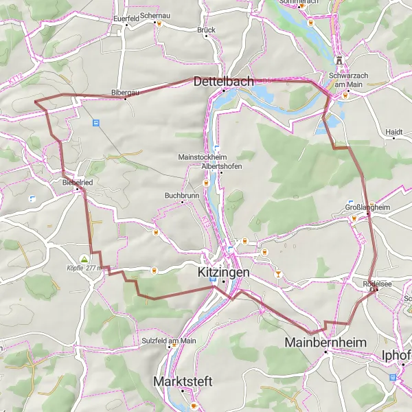 Map miniature of "The Charming Trail of Mainbernheim" cycling inspiration in Unterfranken, Germany. Generated by Tarmacs.app cycling route planner