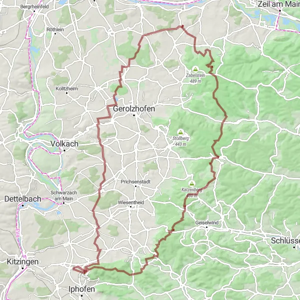 Map miniature of "Iphofen and the Vineyards of Lower Franconia" cycling inspiration in Unterfranken, Germany. Generated by Tarmacs.app cycling route planner