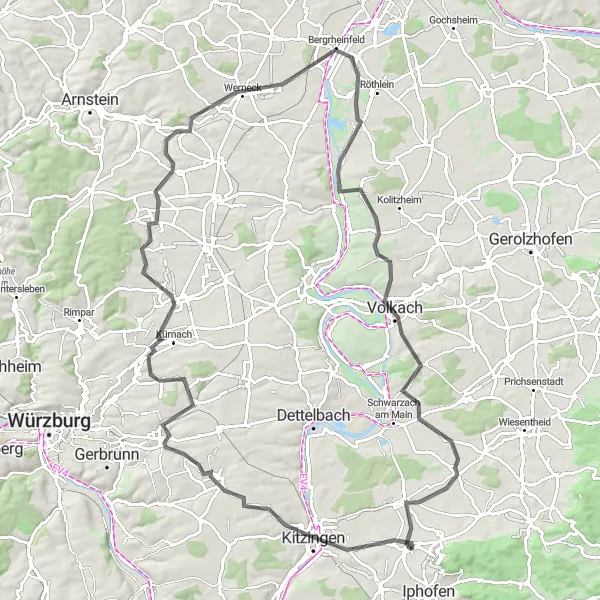 Karten-Miniaturansicht der Radinspiration "Rödelsee - Volkach Rennradtour" in Unterfranken, Germany. Erstellt vom Tarmacs.app-Routenplaner für Radtouren