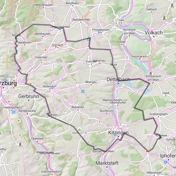Map miniature of "The Vineyards and Rivers of Unterfranken" cycling inspiration in Unterfranken, Germany. Generated by Tarmacs.app cycling route planner
