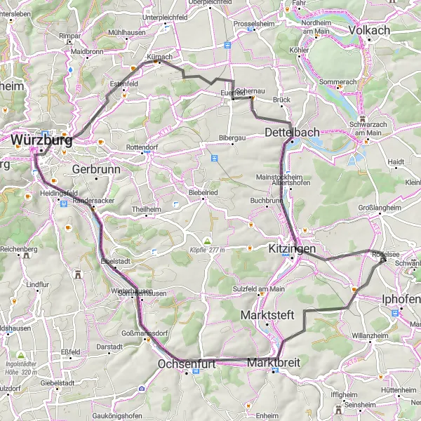 Karten-Miniaturansicht der Radinspiration "Rödelsee - Kitzingen Rennradtour" in Unterfranken, Germany. Erstellt vom Tarmacs.app-Routenplaner für Radtouren