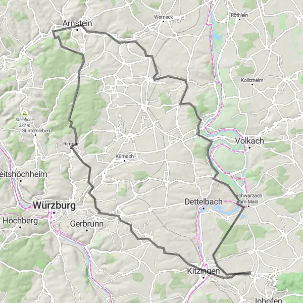 Map miniature of "The Rivers and Hills of Unterfranken" cycling inspiration in Unterfranken, Germany. Generated by Tarmacs.app cycling route planner