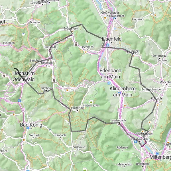 Map miniature of "Röllbach and back: Through Odenwald's rolling hills" cycling inspiration in Unterfranken, Germany. Generated by Tarmacs.app cycling route planner