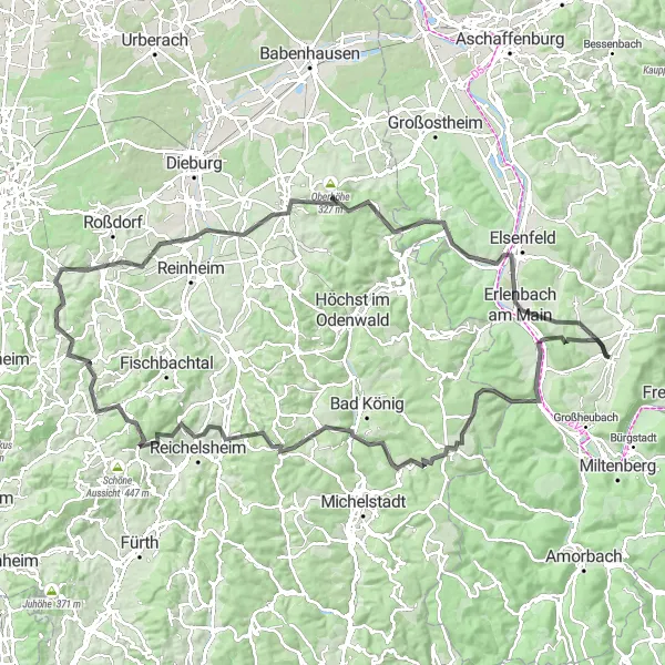 Map miniature of "Ultimate Cycling Challenge in Odenwald" cycling inspiration in Unterfranken, Germany. Generated by Tarmacs.app cycling route planner