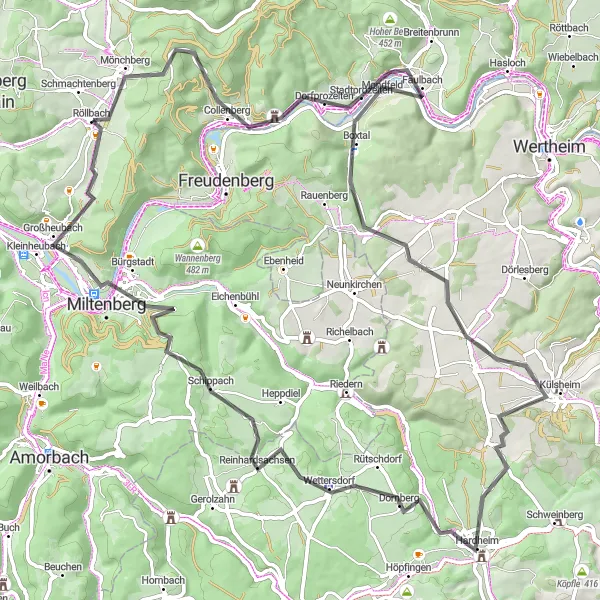 Map miniature of "Scenic Ride to Miltenberg" cycling inspiration in Unterfranken, Germany. Generated by Tarmacs.app cycling route planner