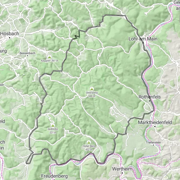 Map miniature of "Unterfranken Scenic Road Cycling Tour" cycling inspiration in Unterfranken, Germany. Generated by Tarmacs.app cycling route planner