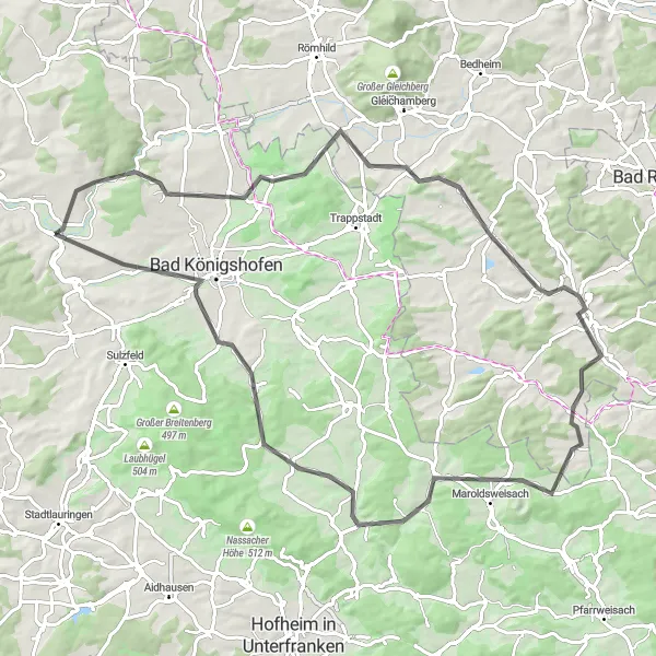 Karten-Miniaturansicht der Radinspiration "Rund um Buchberg und Großeibstadt" in Unterfranken, Germany. Erstellt vom Tarmacs.app-Routenplaner für Radtouren