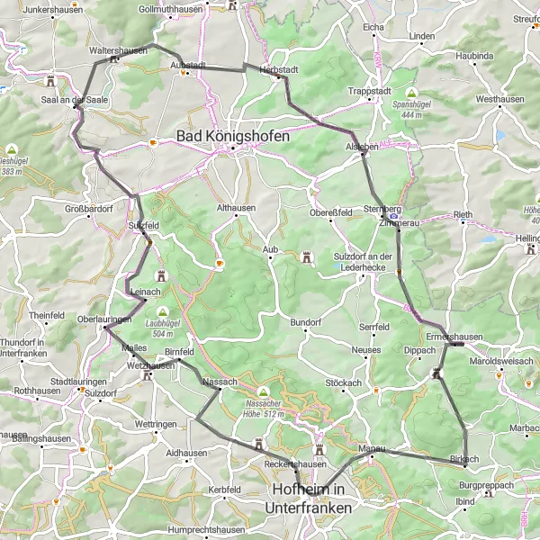 Map miniature of "Saal an der Saale - Buchberg Cycle" cycling inspiration in Unterfranken, Germany. Generated by Tarmacs.app cycling route planner