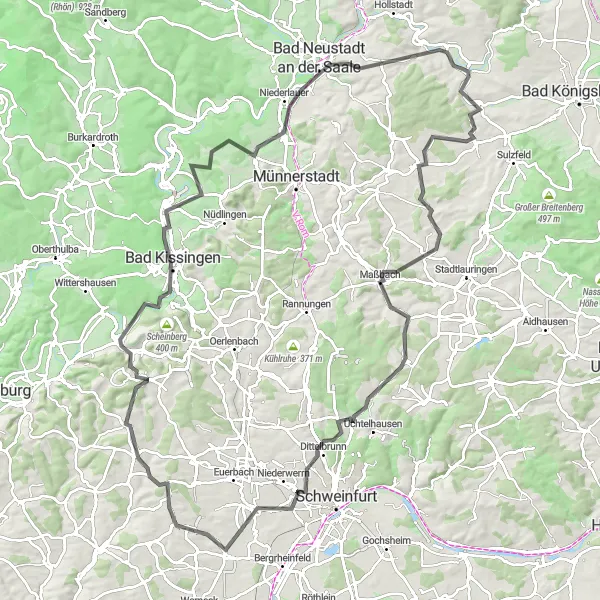 Map miniature of "Saal an der Saale - Großbardorf Cycle" cycling inspiration in Unterfranken, Germany. Generated by Tarmacs.app cycling route planner