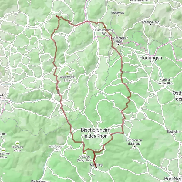 Map miniature of "Rhön Adventures" cycling inspiration in Unterfranken, Germany. Generated by Tarmacs.app cycling route planner