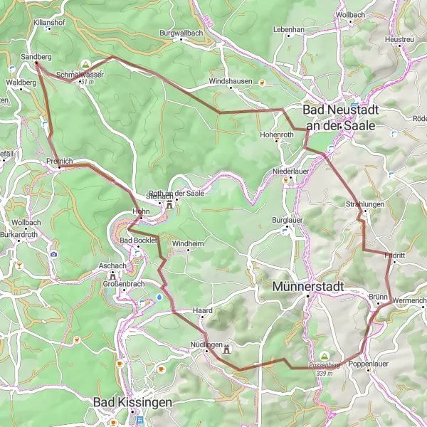 Karten-Miniaturansicht der Radinspiration "Rundtour über Schmalwasser und Bad Bocklet" in Unterfranken, Germany. Erstellt vom Tarmacs.app-Routenplaner für Radtouren