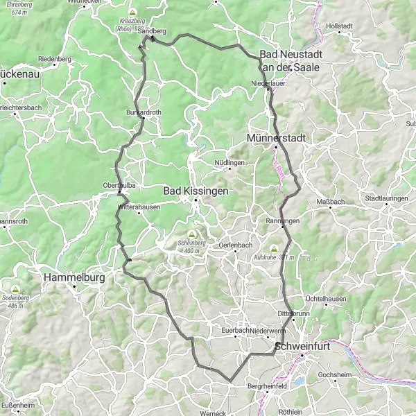 Karten-Miniaturansicht der Radinspiration "Die große Herausforderung: Sandberg - Burkardroth" in Unterfranken, Germany. Erstellt vom Tarmacs.app-Routenplaner für Radtouren