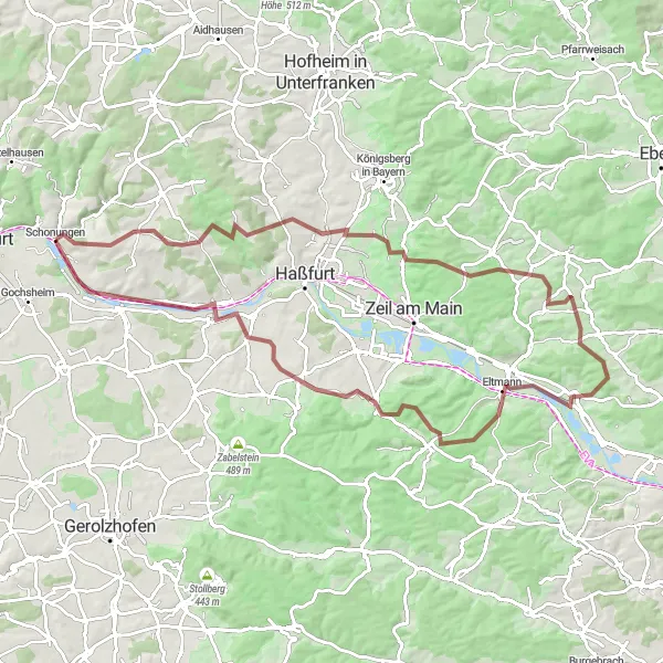 Map miniature of "The 90-km Gravel Adventure" cycling inspiration in Unterfranken, Germany. Generated by Tarmacs.app cycling route planner