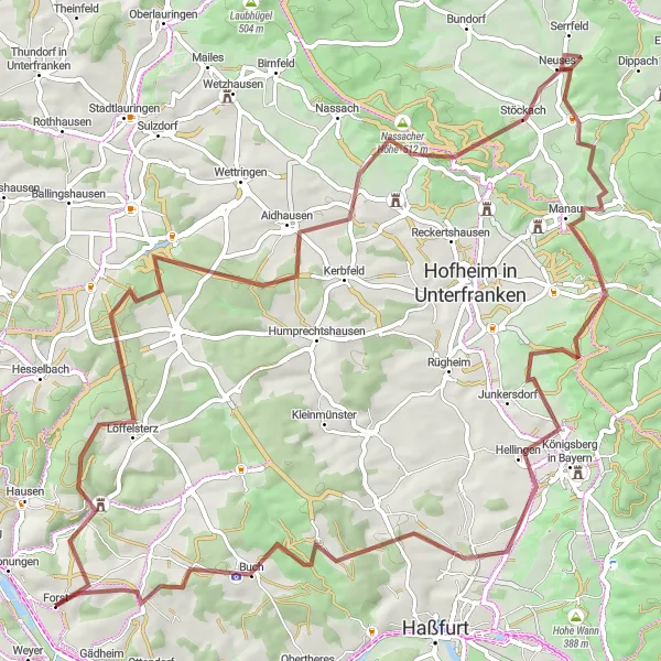 Map miniature of "The 81-km Epic Gravel Cycling Challenge" cycling inspiration in Unterfranken, Germany. Generated by Tarmacs.app cycling route planner