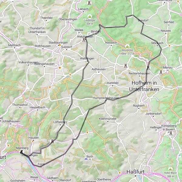 Map miniature of "Mainberg Castle and Hofheim in Unterfranken Road Route" cycling inspiration in Unterfranken, Germany. Generated by Tarmacs.app cycling route planner