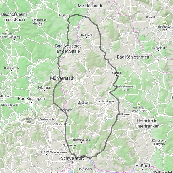 Map miniature of "Rehberg and Bad Neustadt an der Saale Road Route" cycling inspiration in Unterfranken, Germany. Generated by Tarmacs.app cycling route planner