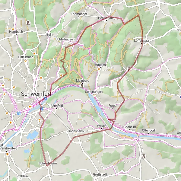 Map miniature of "Scenic Gravel Route near Schweinfurt" cycling inspiration in Unterfranken, Germany. Generated by Tarmacs.app cycling route planner