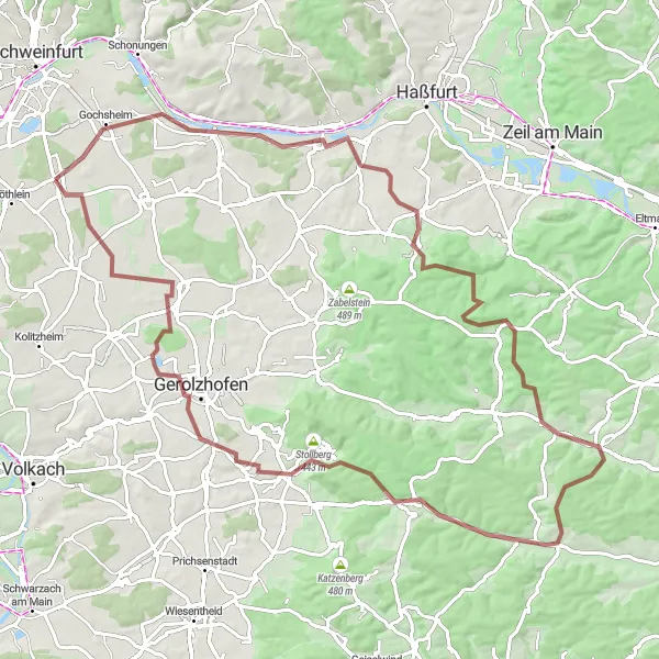 Map miniature of "Schwebheim to Gerolzhofen Gravel Route" cycling inspiration in Unterfranken, Germany. Generated by Tarmacs.app cycling route planner