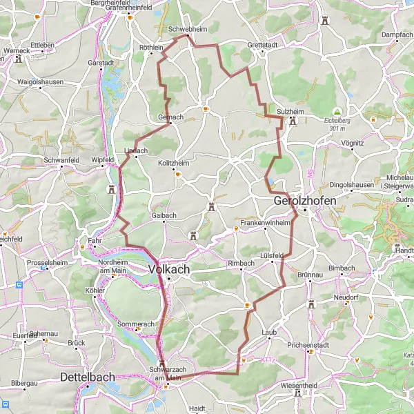 Map miniature of "Gravel Adventure in the Countryside" cycling inspiration in Unterfranken, Germany. Generated by Tarmacs.app cycling route planner