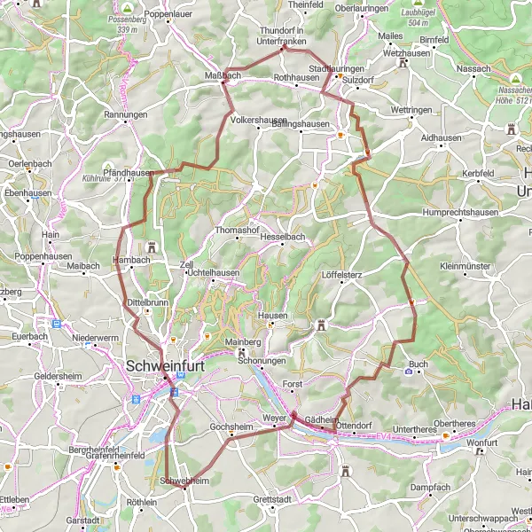 Map miniature of "Schwebheim to Schweinfurt Gravel Route" cycling inspiration in Unterfranken, Germany. Generated by Tarmacs.app cycling route planner