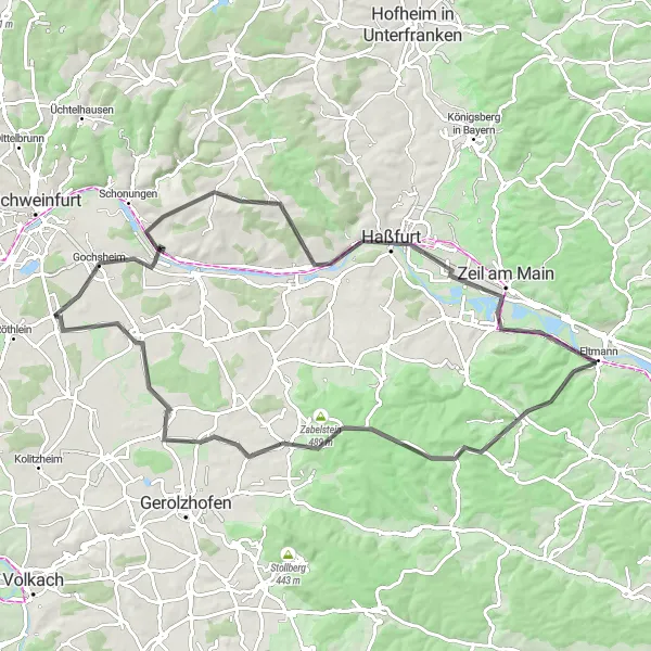 Map miniature of "Road Cycling Adventure near Schwebheim" cycling inspiration in Unterfranken, Germany. Generated by Tarmacs.app cycling route planner