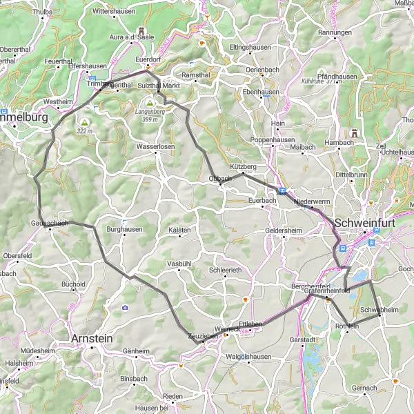 Map miniature of "Picturesque Road Cycling Route" cycling inspiration in Unterfranken, Germany. Generated by Tarmacs.app cycling route planner