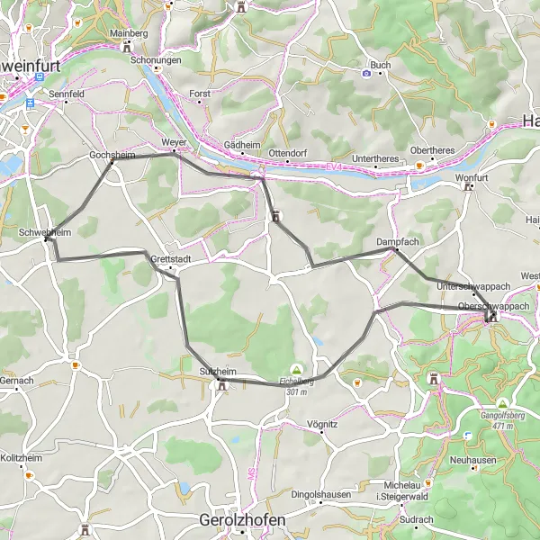 Map miniature of "Schwebheim to Oberschwappach Road Route" cycling inspiration in Unterfranken, Germany. Generated by Tarmacs.app cycling route planner
