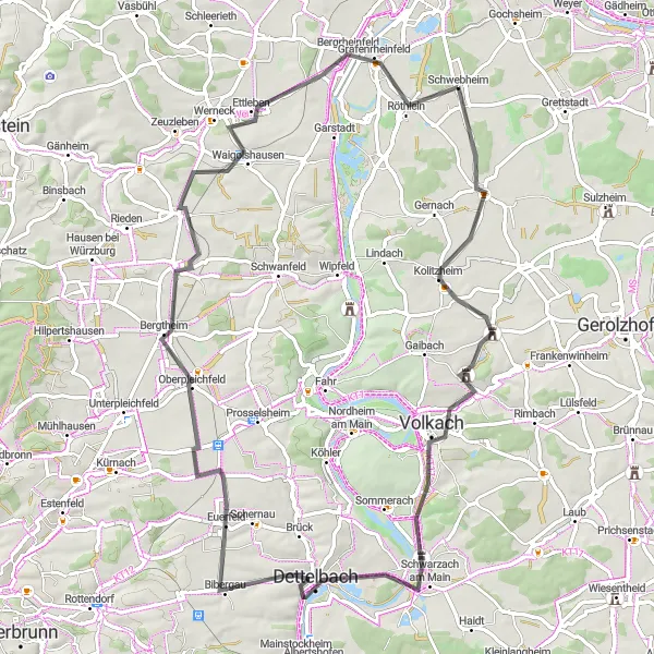Map miniature of "Schwebheim to Volkach Road Route" cycling inspiration in Unterfranken, Germany. Generated by Tarmacs.app cycling route planner