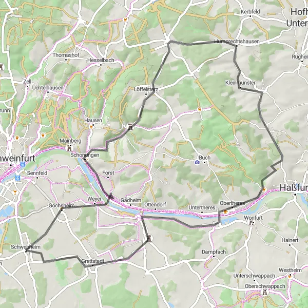 Map miniature of "Schwebheim to Grafenrheinfeld Road Route" cycling inspiration in Unterfranken, Germany. Generated by Tarmacs.app cycling route planner