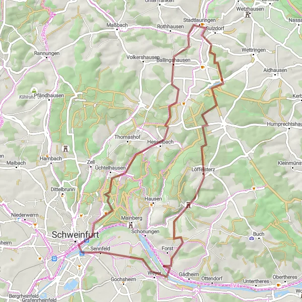 Map miniature of "Sennfeld Gravel" cycling inspiration in Unterfranken, Germany. Generated by Tarmacs.app cycling route planner