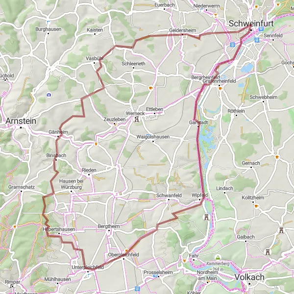 Map miniature of "Grafenrheinfeld Gravel Adventure" cycling inspiration in Unterfranken, Germany. Generated by Tarmacs.app cycling route planner