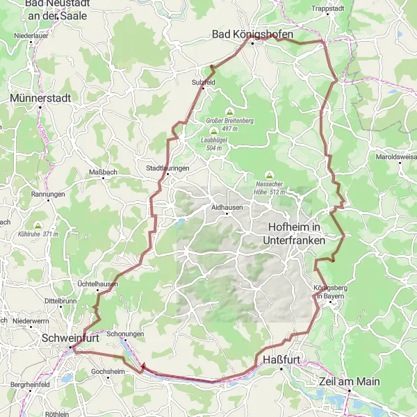Map miniature of "Wine and Towers" cycling inspiration in Unterfranken, Germany. Generated by Tarmacs.app cycling route planner