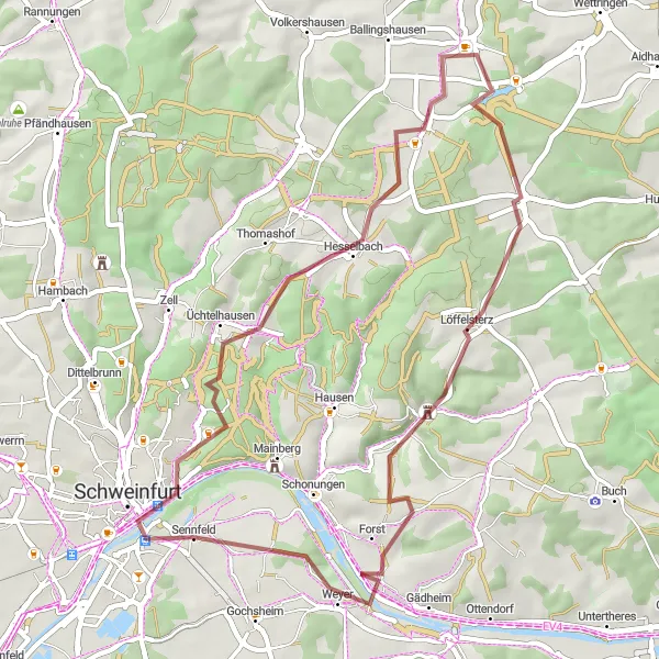 Map miniature of "Gravel adventure near Schweinfurt" cycling inspiration in Unterfranken, Germany. Generated by Tarmacs.app cycling route planner