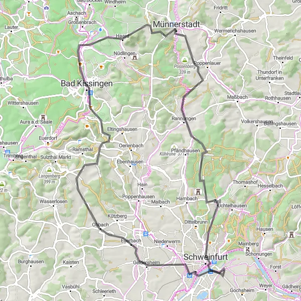 Map miniature of "Tour around Sennfeld and Schweinfurt" cycling inspiration in Unterfranken, Germany. Generated by Tarmacs.app cycling route planner