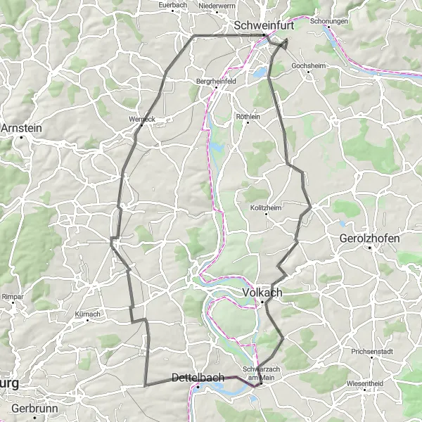 Map miniature of "Sennfeld and Volkach Road Cycling Adventure" cycling inspiration in Unterfranken, Germany. Generated by Tarmacs.app cycling route planner