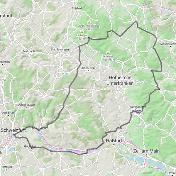 Map miniature of "Sennfeld Road" cycling inspiration in Unterfranken, Germany. Generated by Tarmacs.app cycling route planner