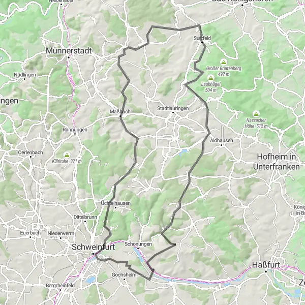 Map miniature of "Schweinfurt Road" cycling inspiration in Unterfranken, Germany. Generated by Tarmacs.app cycling route planner