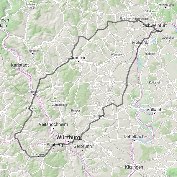 Map miniature of "Discovering Würzburg" cycling inspiration in Unterfranken, Germany. Generated by Tarmacs.app cycling route planner