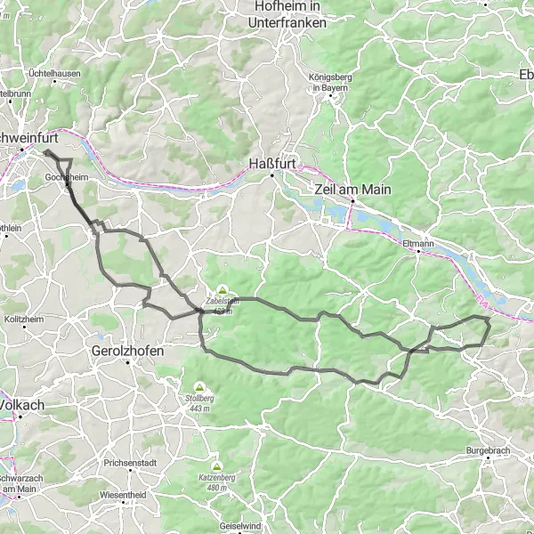Map miniature of "The Steigerwald Circuit" cycling inspiration in Unterfranken, Germany. Generated by Tarmacs.app cycling route planner