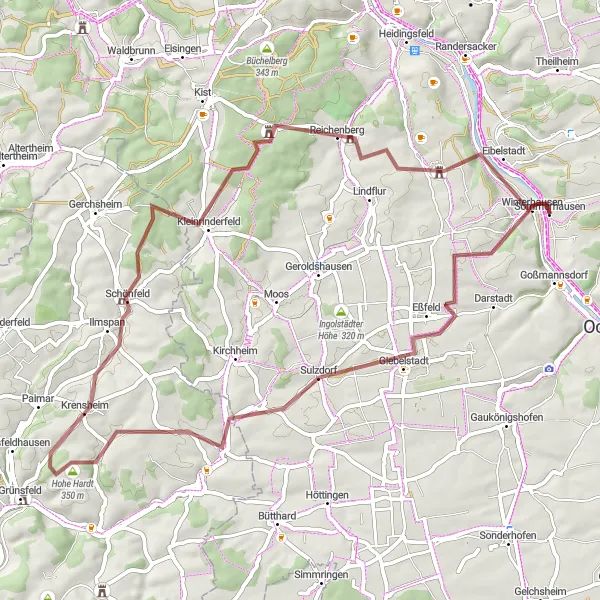 Map miniature of "The Hills of Western Sommerhausen" cycling inspiration in Unterfranken, Germany. Generated by Tarmacs.app cycling route planner